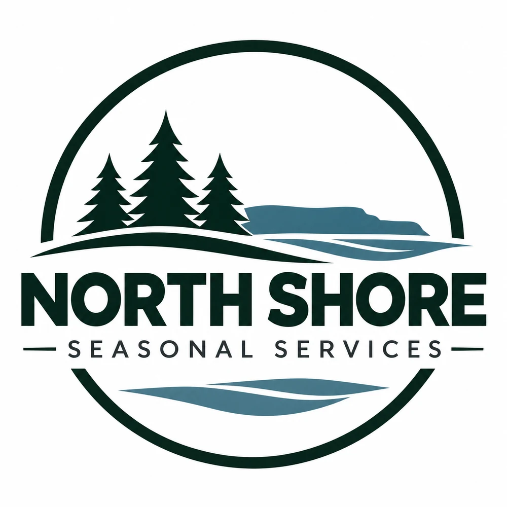 North Shore Seasonal Services logo showing pine trees and a Lake Superior shoreline